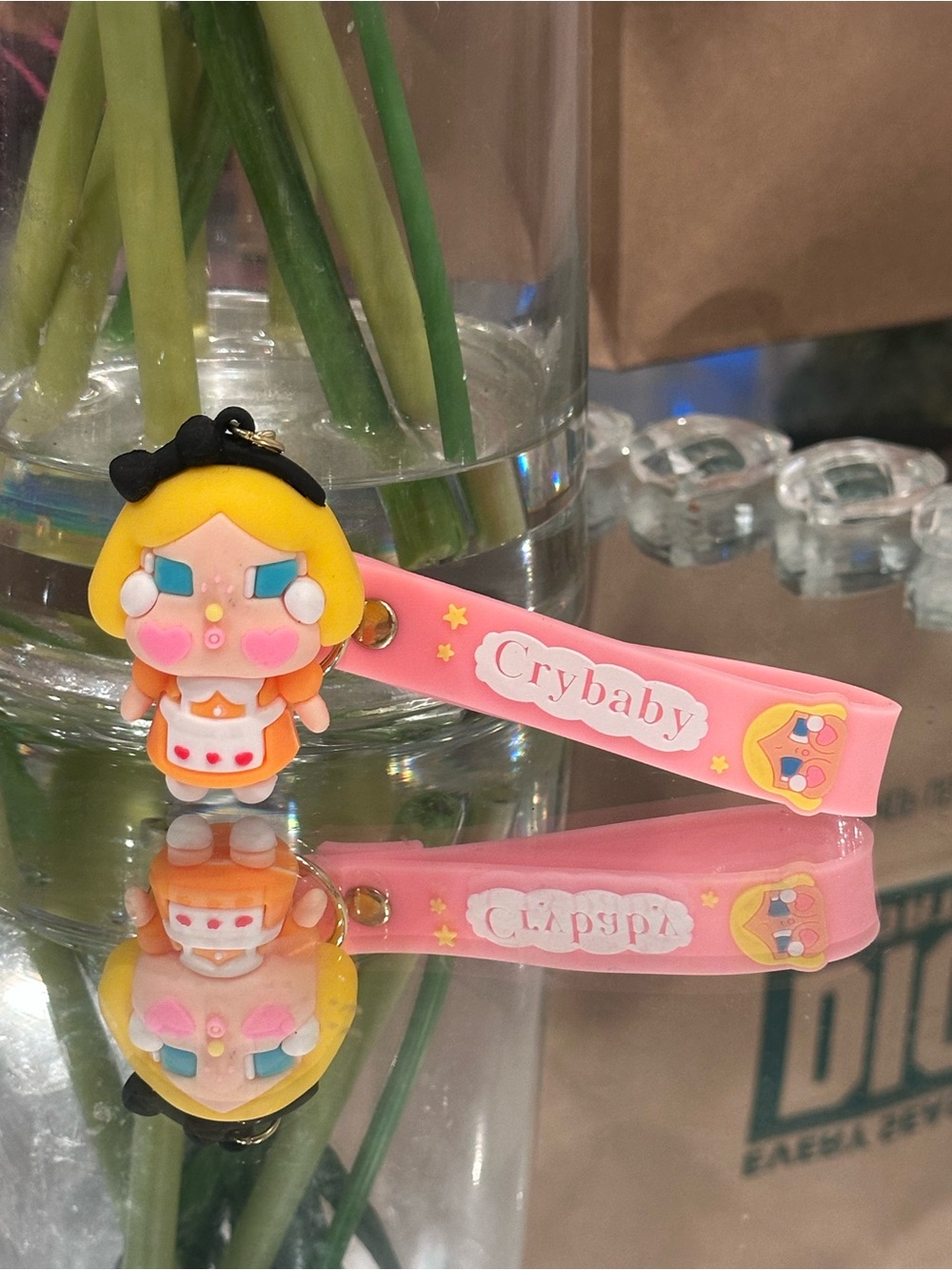 Crybaby Pink Kawaii Crying Girl PVC Keychain Wristlet Bag Charm Gold Tone NEW